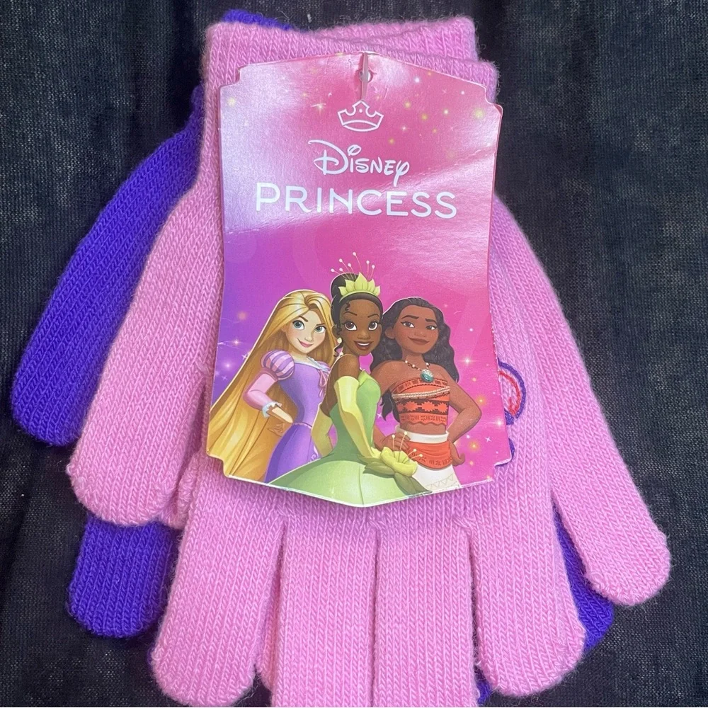 DISNEY PRINCESS Girls Winter Gloves 2 pair lot Pink Purple Knit NWT